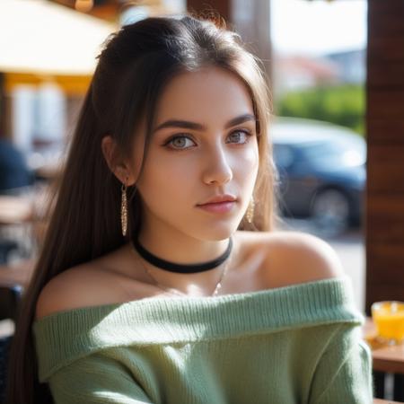 1girl,piercing eyes, looking straight,long hair, wearing an off-shoulder sweater, choker, closeup portrait, in a outdoor cafe in 2015, afternoon light<lora:Alexeevafap-000013:1.5>,