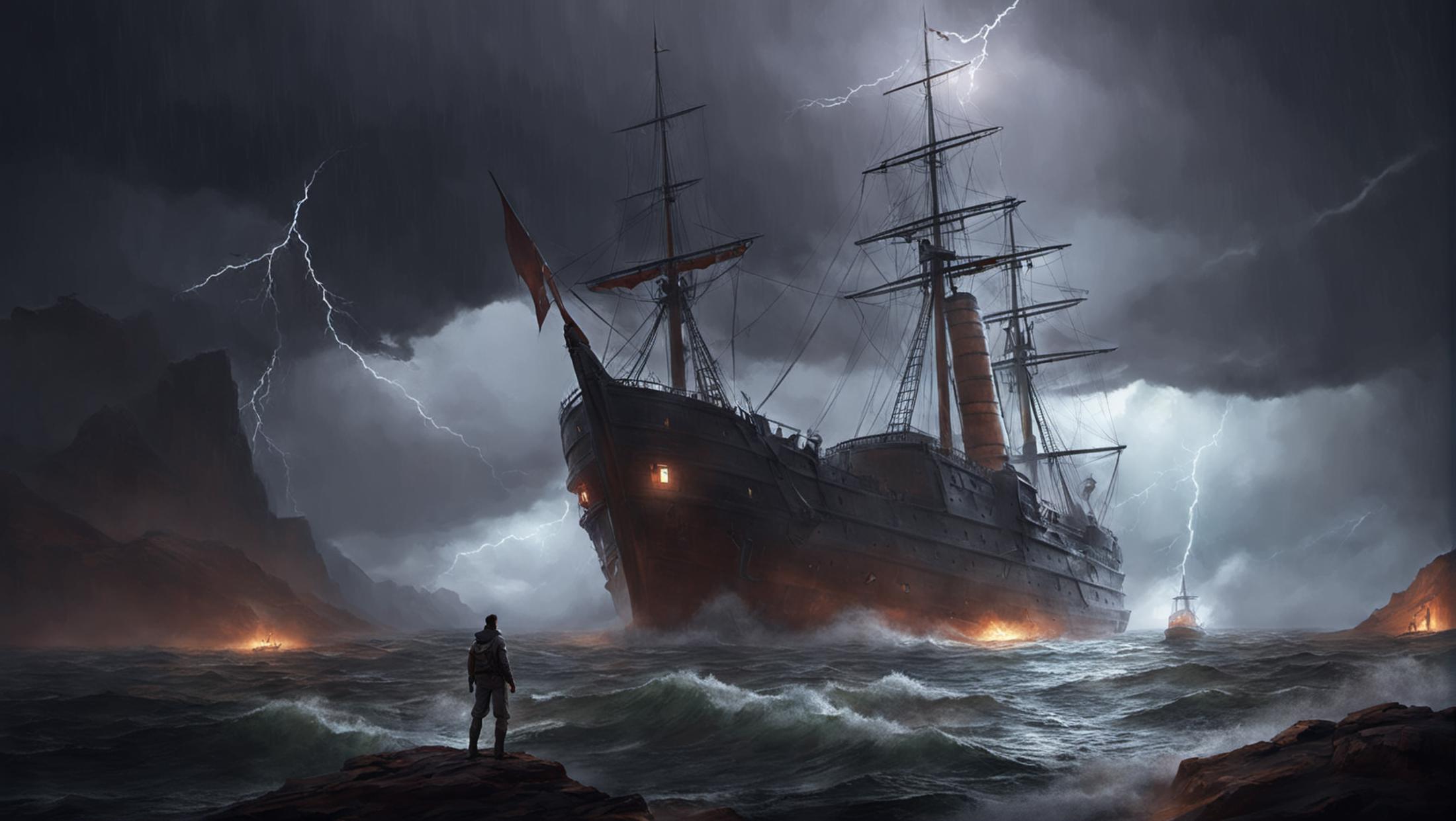 A person standing on a rocky cliff overlooking a large, dark ship on a stormy sea.