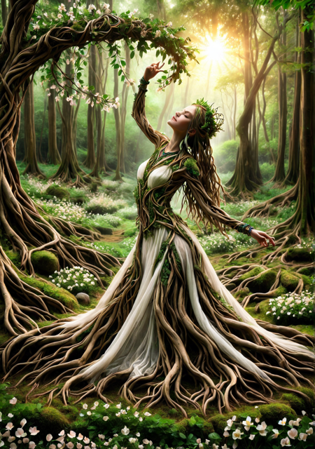 masterpiece, cinematic light, high resolution, soft shadow, dynamic pose, smooth gradient, fantasy touch
white dress, green tattoos, (leaf hair), bare feet, long limbs, (bark bracelets), flowing skirt, slender frame, light makeup, (moss braids), (rooted toes), soft eyes, graceful form, (branch necklace), (willow crown), earthy aura, pointed fingers, (bark pattern), wild locks, sparkling dust, feminine stance, silent smile, (ivy wrap), forest charm, flowing scarf, slim arms, woodland symbol, layered dress, textured skin, blush glow
spinning fast, arms open, skirt twirling, leaves flying, (roots wrapping), wind around, petals dancing, motion captured, graceful twist, balance in air
(ancient glade), open field, sun rays piercing, light fog, floating leaves, blooming flowers, shallow mist, soft earth, dancing vines, glowing grass, (magical space), tranquil tone, gentle light  <lora:tree roots_0_100_V1:1>