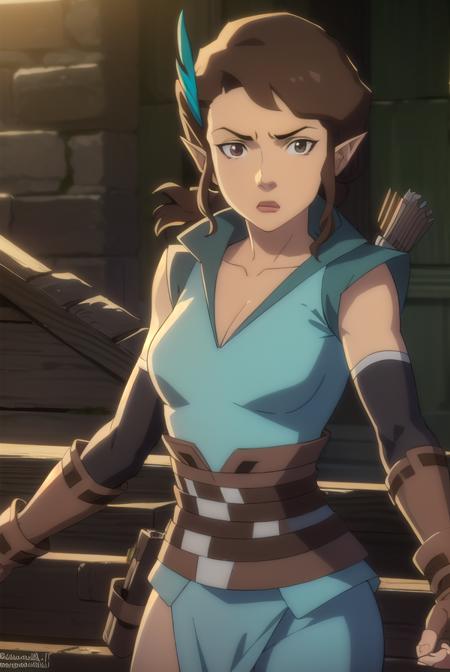 vexahlia, short hair, brown hair, black hair, hair ornament, pointy ears, (brown eyes:1.5), gloves, cleavage, collarbone, fingerless gloves, armor, brown gloves, quiver,