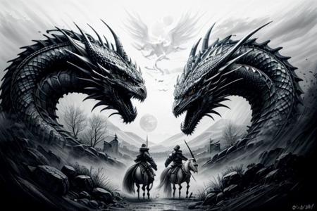 Pencil sketch, intricately detailed, rich shadows, highest resolution, highest quality, 8k UHD, 
best perfect realistic HD ultra HD 4k clear and detailed image, battle knights with a large and fearful fire dragon, nearby castle, weapons swords, crossbows, bows, detailed visualizations of knights, dragon and landscape, detailed depiction of their faces and weapons and armor, and o ...