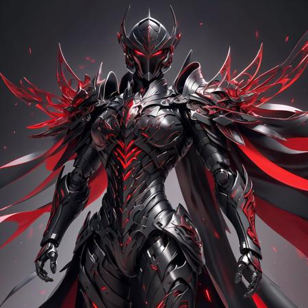 1man. male, solo, wearing black armor, holding red weapon infront of her, cape,  simple glowing background , HD, masterpiece, best quality, hyper detailed, ultra detailed,