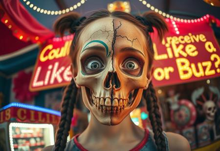 “A whimsical and surreal portrait of a girl with a distorted, comical face, featuring one eye larger than the other, vibrant face paint, and two playful braids in her hair. Half of her face is a real, rotten skull, with detailed, decayed bone structure, exposing cracked and aged bones, and the skull appears lifelike yet worn with time. The other half is covered in exaggerated, colorful face paint. The skull gives off a gritty, almost macabre vibe, blending with the lively and hype atmosphere of the carnival. Captured using a 12mm fisheye cinematic prime lens for an exaggerated perspective. The setting is a lively carnival with neon lights, whimsical decorations, and a dreamy yet unsettling atmosphere. A rotten, old light banner in the background displays the text: ‘Could I receive a Like or Buzz?’ in flickering, uneven letters. The colors and contrasts are enhanced for a surreal effect, combining playful and eerie styles, with a mix of humor and dark visual artistry.”