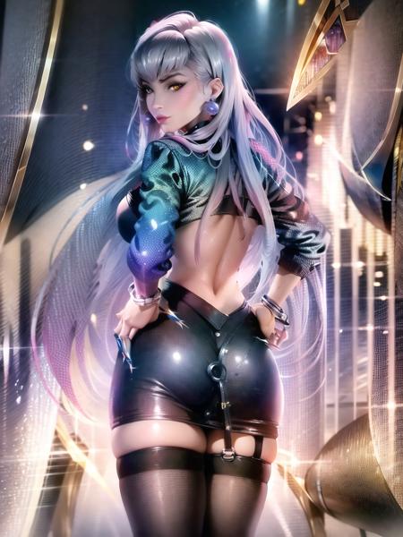 high detailed, 8k, highres, k/da all out evelynn, from behind, league of legends, k/da \(league of legends\), 1girl, solo, cowboy shot, makeup, lipstick, eyeshadow, purple lips, jewelry, earrings, yellow eyes, white hair, long hair, claws, cropped jacket, garter straps, jacket, blue jacket,  bracelet, thighhighs, black skirt, looking at viewer, high heels, hand on hip