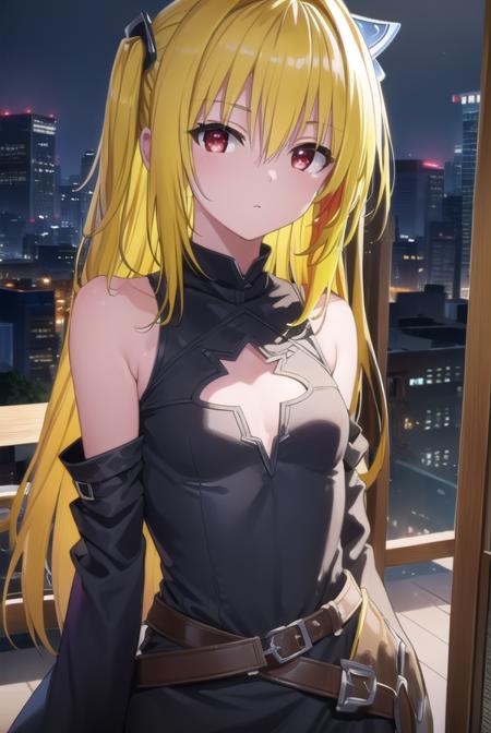 toloveruyami, <lora:yami darkness-lora-nochekaiser:1>, 
yami, (yellow hair:1.5), long hair, (red eyes:1.5), (hair ornament:1.2), two side up, (small chest:1.2), 
BREAK sleeveless, detached sleeves, dress, black dress, black skirt, clothing cutout, cleavage cutout,
BREAK outdoors, night, sky, star \(sky\), moon,
BREAK looking at viewer, (cowboy shot:1.5),
BREAK <lyco:GoodHands-beta2:1>, (masterpiece:1.2), best quality, high resolution, unity 8k wallpaper, (illustration:0.8), (beautiful detailed eyes:1.6), extremely detailed face, perfect lighting, extremely detailed CG, (perfect hands, perfect anatomy),