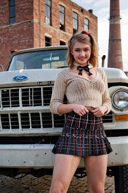 brnadia,  20-year-old woman (undercut), (cleavage), kilt, fishnets, cable-knit sweater, standing outside the old paper mill, striped smokestack, brick building, 1971 ford pickup truck, smile, choker, makeup, outdoors
