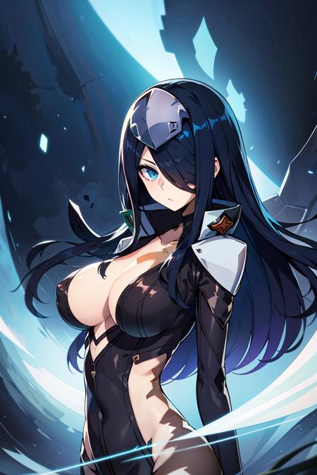 absurdres, highres, (official art, beautiful and aesthetic:1.2), front view, 1girl, solo, <lora:pawoonekoyanagi7:1>, pawoonekoyanagi, hair over one eye, very long hair, black hair, blue eyes, jacket, fingerless gloves, large breasts, (shining eyes:1.2), (fractal art, (kaleidoscope:0.9), colorfield painting), (shine effects, seraph effects, lighting effects:1.25), upper body, looking at camera,