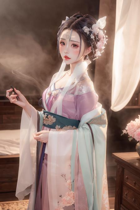 best quality, ultra high res,prefect anatomy,
extremely intricate, 8k uhd,
1girl,solo,
rm dress,rd hair ornament, hanfu,see-through, silk ,jewelry,
indoor,bedroom,
<lora:xj3clothes:0.8>   ulzzang-6500-v1.1