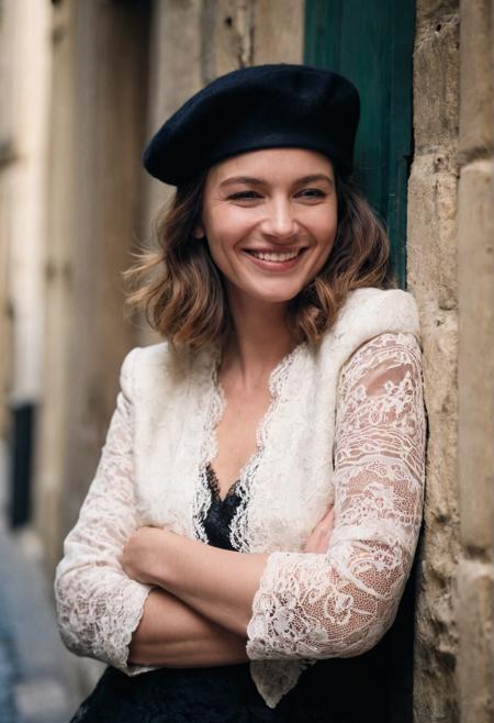 (portrait), (closeup), natural 30 years old  french woman,  leaning at  wall, laughing, arms crossed in front of chest, palm resting on chest, old paris alley, beret, white lace blouse, coat, mini skirt, (cinematic), bokeh,  (film grain)