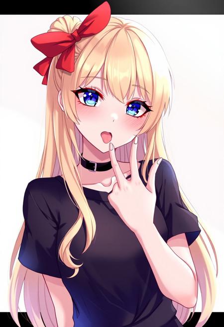 ource_anime, minako aino, blonde hair, blue eyes, bow, hair bow, half updo, long hair, red bow,
black shirt, t-shirt, black choker, goth, eyeliner, eyeshadow double middle finger, tongue out