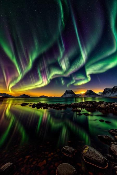 Stunning Aurora Borealis lighting up the night sky over the Lofoten Islands coastline, vibrant colors and dynamic movement in the sky, shimmering reflections on calm waters, high detail, long exposure effect, breathtaking scenery