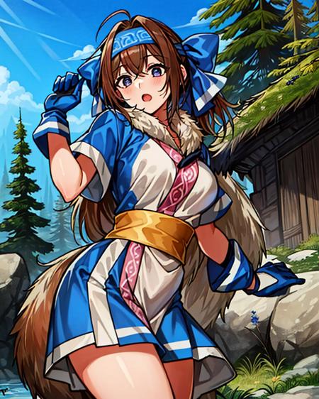 (masterpiece, best quality, high resolution) , cowboy shot, 1girl, rimururums, ainu clothes, breasts, headband, gloves,  <lora:RimururuMS:1>