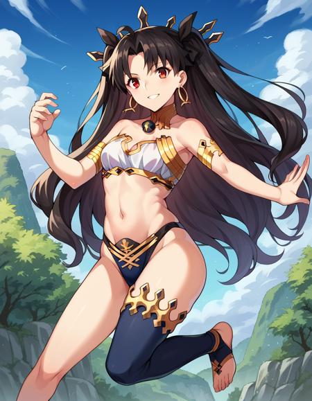 ishtar, long hair, black hair, ribbon, hair ribbon, two side up, red eyes, parted bangs, crown, thighhighs, navel, jewelry, earrings, single thighhigh, armlet, asymmetrical legwear, anklet, uneven legwear, neck ring, single elbow glove, asymmetrical sleeves, uneven sleeves,
