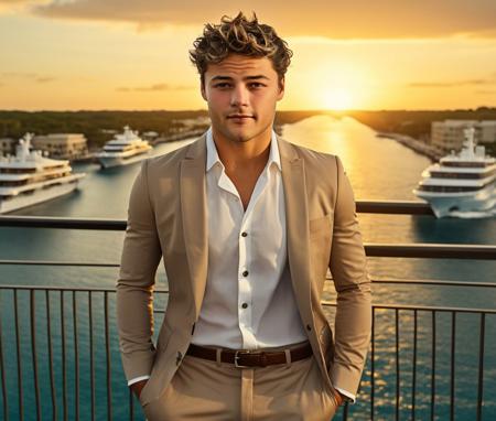 Nautical-themed (Photo:1.3) of (Ultrarealistic:1.3) <lora:Man_Men_FFashion:1> Noah Centineo a man <lora:paul-cuffaro-Noah-Centineo:1> in a tan suit standing on a balcony, sun behind him, inspired by Pablo Munoz Gomez, shot at golden hour, editorial photograph, midshot of a hunky, by Roman Bezpalkiv, by Artur Tarnowski, maxim sukharev, by Gabor Szikszai,Highly Detailed,(Mono Color:1.3) . Sea, ocean, ships, maritime, beach, marine life, highly detailed