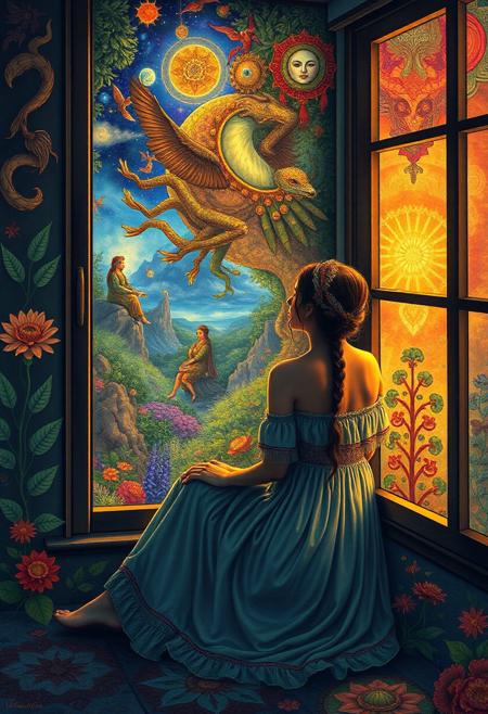 A woman sitting by a window
visionary art, vibrant colors, intricate details, spiritual symbolism, shamanic visions, mystical creatures, rich foliage, cosmic elements, plant medicine, ethereal glow, transcendental scenes, Peruvian culture, surreal landscapes, interconnected forms, dreamlike atmosphere
balance of realism and stylization, allegorical storytelling, quiet yet powerful visual expression