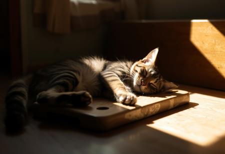 A board cat naps in a beam of sunlight
