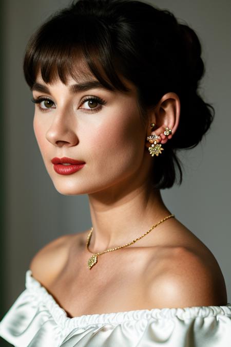 Realistic photo of a beautiful 4udr3yh-v2 woman, 1girl, solo, breasts, looking at viewer, short hair, black hair, dress, bare shoulders, jewelry, collarbone, upper body, earrings, off shoulder, white dress, blurry, lips, makeup, shadow, realistic, off-shoulder dress, red lips, soft lighting, professional Photography, Photorealistic, detailed, RAW, analog, sharp focus, 8k, HD, DSLR, high quality, Fujifilm XT3, film grain, award winning, masterpiece<lora:4udr3yh-v2:1.0>