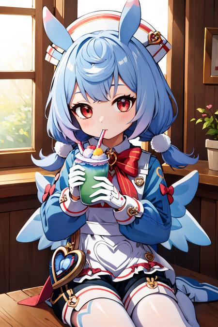 sigewinne, twintails, low twintails, tail sigewinne, twintails, low twintails, tail, green shirt, white collar, collared shirt, puffy sleeves, long sleeves, white gloves, nurse cap, white apron, red bowtie, winged waist bow, white waist bow, red bow on apron, blue bow on apron, black shorts, white thighhighs, shoes, black footwear, heart-shaped bag