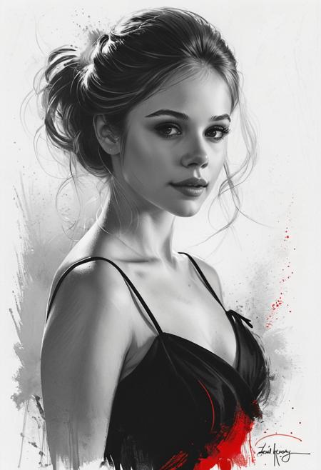 Pencil Sketch Drawing, line art drawing, a elegant beautiful young woman, combination of Erin Moriarty:0.9, joey king:0.7, Rachael Taylor:1.2, wearing tango dress, (her silhouette outlined with glowing red). (style of Vladimir Volegov:1.1). (her silhouette contoured with glowing red). red white on grey color palette. professional, sleek, modern, minimalist, graphic, line art, vector graphics, black and white drawing, graphite drawing, painting in the style of Anders Zorn, Alexi Brilo, Luisa Royo