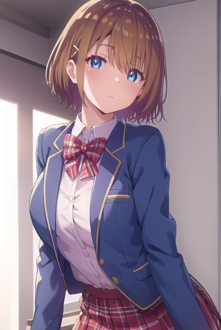 mizuhakiryuu, <lora:mizuha kiryuu s1-lora-nochekaiser:1>,
mizuha kiryuu, short hair, blue eyes, brown hair, hair ornament, hairclip,
BREAK skirt, bow, school uniform, jacket, plaid, plaid skirt, blazer,
BREAK indoors, classroom,
BREAK looking at viewer,
BREAK <lyco:GoodHands-beta2:1>, (masterpiece:1.2), best quality, high resolution, unity 8k wallpaper, (illustration:0.8), (beautiful detailed eyes:1.6), extremely detailed face, perfect lighting, extremely detailed CG, (perfect hands, perfect anatomy),