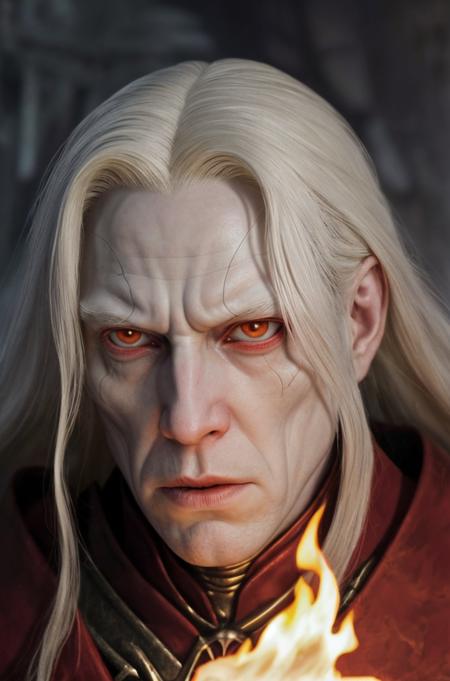 illustration, Close-up of Elric's,  the pale-skinned, albino emperor's haunted, crimson-eyed gaze, reflecting the turmoil of his soul and the chaotic energy of Stormbringer, in the dim light of a flickering torch, from a direct angle, revealing the depth of his internal conflict between power and morality <lora:add_detail:0.6>