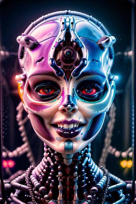 A futuristic humanoid female enjoys a holographic ice cream cone in a glowing cityscape. She smiles as the ice cream changes colors with each bite, surrounded by lively AI-generated animations of people and neon signs