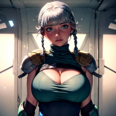 8k, 4k, intricate details, cinematic lighting, stunning environment, ornate, (realistic:1.1), detailed face, detailed eyes, detailed shadows, 1girl, solo, curvy, large breasts, cleavage, jacket, mini skirt, black skirt, green jacket, blue waist clothes, (shoulder armor:1.1), gray hair, short hair, twin braids, turtleneck clothes, <lora:CHA_SeollaSchweizer:1>,  <lora:1_ADD_Detail:1>