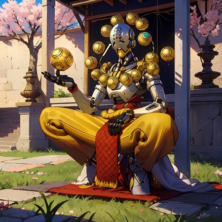 zenyatta, yellow pants, sandals, overwatch, omnic, robot, outside, sakura blossoms, slanted eyes, blue lights, orbs, red fabric, braided rope, (masterpiece, high quality, best quality), sitting in grass