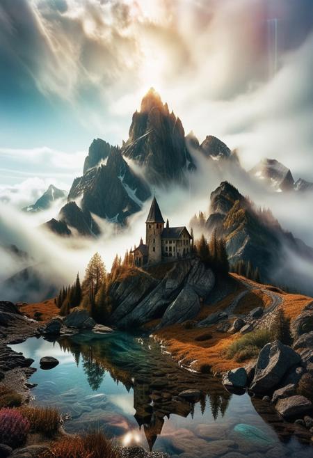 their peaks veiled in mist. mixed media, surrealism, great lighting, A surreal landscape highly detailed . extremely high-resolution details,  appears trapped in an optical illusion of reflections and refractions colorful , professional photography, natural lighting, GhostlyStyle, volumetric lighting maximalist. intricately detailed, complex, elegant, expansive, fantastical, film photography style,  medium grain, lthndrtrl
