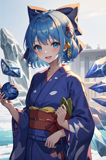 best quality, masterpiece, highres, solo, {yukata:1.40}, {kimono:1.20}, {cirno_touhou:1.15}, blue_hair, bow, hair_bow, short_hair, wings, ice, blue_bow, ice_wings, blue_eyes, bangs, blush, smile, upper_body, open_mouth, hair_between_eyes, ribbon, neck_ribbon