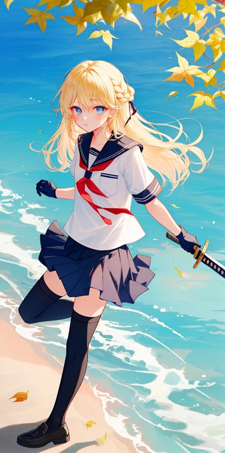 1girl, weapon, solo, sword, maple, lakeside, dawn, close-up, blonde hair, long hair, thighhighs, skirt, holding weapon, holding sword, blue eyes, holding, gloves, katana, school uniform, fighting stance, black thighhighs, looking at viewer, black gloves, pleated skirt, shirt, standing, hair ribbon, white shirt, black footwear, shoes, braid, short sleeves, necktie, ribbon, bangs, serafuku, neckerchief, loafers, very long hair, zettai ryouiki, shadow, sailor collar, collared shirt