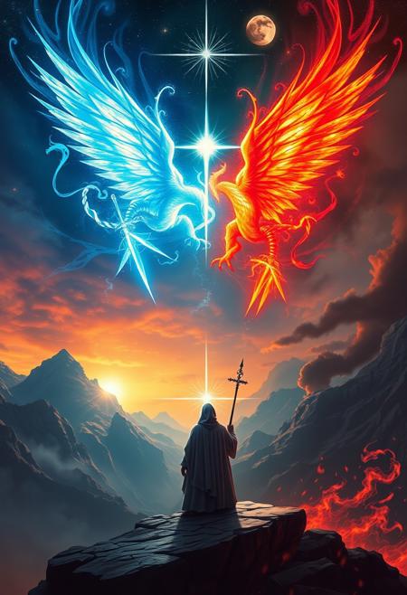 On the edge of dawn and midnight, a robed priest trembles at diamond-winged seraphs and obsidian demons locked in eternal fight. Guardians of pearly gates, haloed in starlight, wield azure flame swords while crimson legions from magma depths seek infamy in scarlet halls of night. Cosmic balance hangs by gossamer threads as good and evil clash, each soul a kaleidoscope where light and darkness crash. Celestial choirs raise crystal voices against demons' roar, the righteous and fallen wage never-ending war. Heaven's aurora shines above, Hell's fire burns below. Where will lost souls go? Archangels in platinum armor face lords of sin in smoke-black mail, each victory and defeat feeds the cosmic scale. Pray for strength when darkness seems to extinguish hope's candle. Remember a spark of faith can pierce night blacker than a devil's sandal. Warriors of virtue stand against onyx tides while tempters whisper promises of glittering power. The choice lies in each heart to soar or dive in this hue-painted struggle. Between realms of ecstasy and pain, the rainbow battle rages. Which path will your prism soul choose?