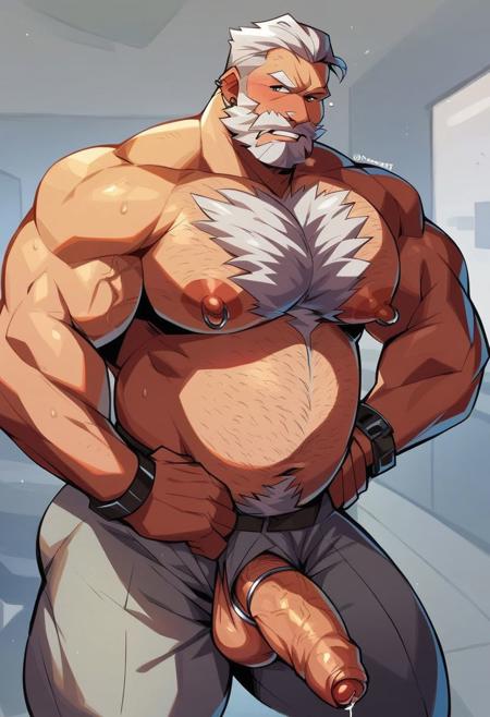 bald old strongman grandpa, ((by go_fujimoto, by dsharp, by, captaingerbear, by gengoroh_tagame, bara, score_9, score_8_up, score_7_up, rating_explicit)), Very old fat granddad grandpa old_man macho tanned hairy fat daddy bald musclechub officeboss teacher professor with grey beard in the office, hands on hips, dominant pose, big fat hairy belly, large hairy chest pecs, old_man erect penis with foreskin dripping with precum, big metal cockring, huge nipples, doublechin, very arrogant stern serious disappointed look