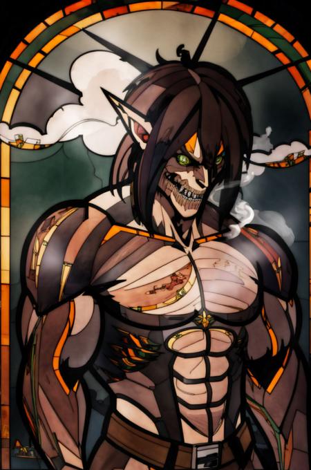 <lora:Stained_Glass_Story-10:1.5> stained_glass, <lora:Attack_Titan-10:0.5> Attack_titan, teeth, black hair, green eyes, glowing eyes, pointy ears, glowing, muscular, sharp teeth, brown hair, abs, giant, smoke,,