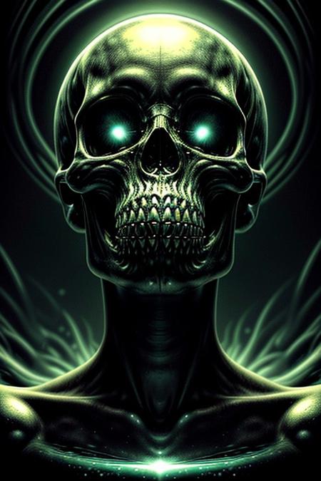 A close-up photorealistic image of a crystal-like floating skull facing dynamic view with its mouth open, pouring from it's mouth a shimmering liquid resembling the universe onto the ground, filled with rich stars and swirling galaxies. A simple void background enhances the dark atmosphere, shrouded in fog, capturing the hypnotic flow and shimmer of the cosmic liquid, evil demon,