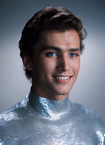 (studio portrait:1.2) of  beautiful 20 years old beautiful boy ihtiandr <lora:ihtiandr:0.7>, wearing silver bodysuit, smiling, dreamlike blue eyes, empty background, studio lighting, sharp focus, epic lighting, detailed face, subsurface scattering, f2, 35mm