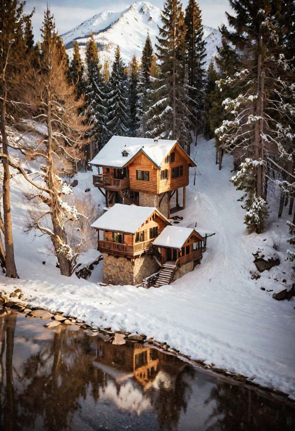 A picturesque scene of two snow-covered cabins by a lake.