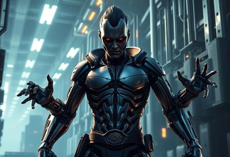 "Create a hyper-detailed, dynamic full-body illustration of a Dark-Eyes Illusionist in a Machine Conversion Factory for trending on ArtStation. Consider a Terminator-themed outfit and facial features, with metallic skin and beams of light from the machine. Use dramatic lighting, golden ratio, and micro details. Reference images include front view, arms, large translucent art, headsculpt, and stomping. Aim for a 3D render with smooth surfaces, similar to Wlop's