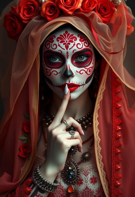A solemn beauty stands before us, adorned with vibrant red and white makeup designs forming intricate Dia de los Muertos skull patterns on her cheeks. Her elaborate headdress and veil swirl around her, as if infused with the whispers of the departed. A finger pressed to her lips, she embodies the reverence of remembrance. Ornate jewelry adorns her neck and wrists, complementing the photorealistic depiction of her porcelain-skinned face, where Delftware-inspired skull designs seem to shift and shimmer in the soft light. The full-body shot presents a striking tableau of devotion and mystery.