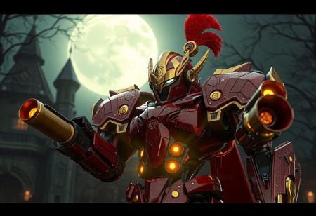 "8K UE5/Octane render of 'Mekk-Knight Yellow Star'—a crimson/gold battle-ready robot with dual arm cannons (large right/small left) and regal gold helmet with red plume. Poised before the gothic 'Mansion of Dreadful Dolls', its nanite-textured armor gleams under volumetric moonlight. Hyper-detailed Houdini FX (energy charging in cannons), ray-traced reflections on gold accents, and Grammer Effect color grading. Tags: #Mecha #DarkFantasy #ConceptArt."