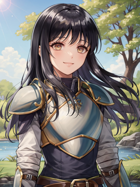 <lora:Astrid_FE-10:1>, astrid fe, 1girl, solo, long hair, smile, nature, pond, trees, long sleeves, closed mouth, upper body, belt, armor, shoulder armor, breastplate, brown belt