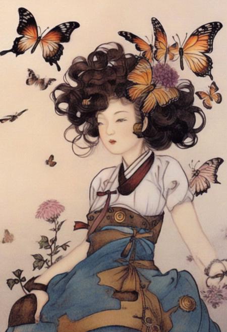 best quality, shinyunbok painting, a steampunk girl with vibrant, curly hair adorned with mechanical butterflies and flowers