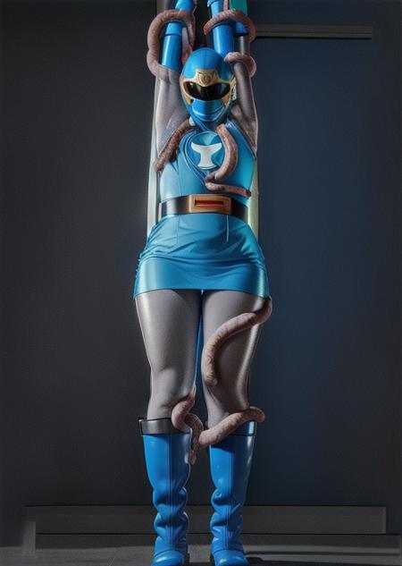 (best quality, masterpiece, RAW photo,ultra-detailed:1.2), 1girl, solo, looking at viewer, ((Hurricane Blue outfit, belt, gloves, helmet, blue spandex vest, sunglasses, blue boots, blue skirt, gray leggings, white gloves)), large breasts, (((spread legs:1.1))), blue panties,  <lora:Hurricane Blue v1.7:0.8> , ((red tentacles:1)), nsfw, choking, raised arms, tentacles wrap around body, dark room, eerie light, close up