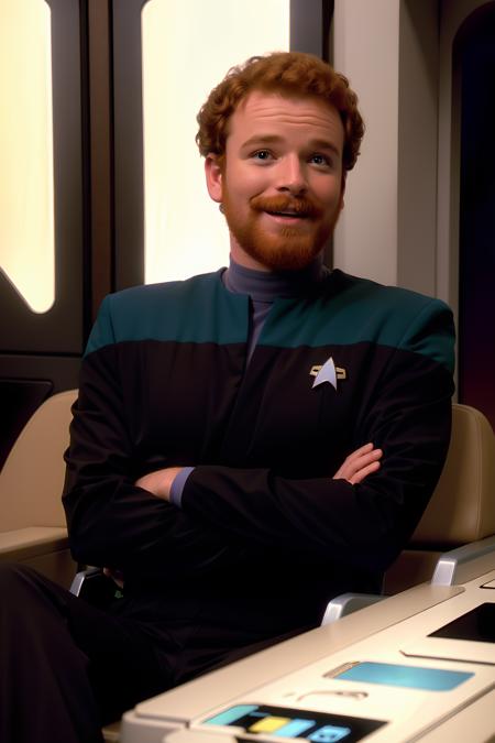 full body,young fat ginger haired man with a moustache and ponytail in teal voyunf uniform , sitting on a chair,on starship,smiling<lora:VoyunfRefined:0.8>