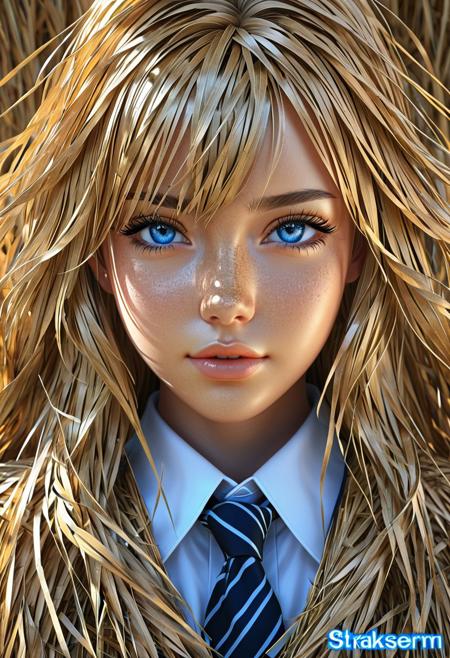 1girl with blue eyes and wavy long hair in a school uniform made of straw, hair down, symmetrical facial features, full body, occlusion shadow, specular reflection, rim light, unreal engine, artgerm, artstation, art by hiroaki samura and ilya kuvshinov and ossdraws, high quality, intricate detailed 8k, fantasy illustration, extremely beautiful and aesthetic shape of face and body <lora:SDXL\made_of_straws.safetensors:1.0>, (sharp focus:1.2), (realistic texture:1.3), (dynamic composition:1.1), (4k:1.1)