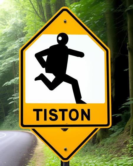 a photo of a road sign , Caution: Teleportation Zone:1.5, a sign displaying a person disappearing and reappearing, playfully hinting at the possibility of teleportation mishaps in the area. , road_sign