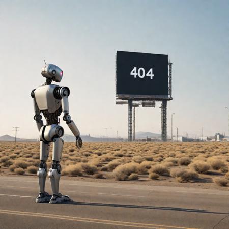 Depict a desolate cityscape with remnants of advanced technology, where a lone robot stands before a flickering, oversized digital billboard displaying "404"++ symbolizing lost connection. 