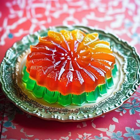 A sculpture, a stuffed circuitboard dinner is made out of jello_molds, chip look, connectors, food photography, magazine editorial, best quality, soft focus, intricate detail
