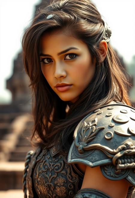 Close Up shot of Raya as a warrior princess  at the Cambodian temple, iron armour, medium hair, at day, Low saturation color photography, vintage, grunge, side hard light