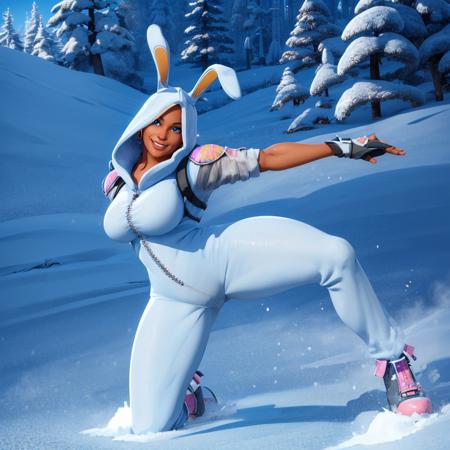 a woman sliding in the snow, (full body), beautiful eyes, beautiful girl, high detail skin, high detail eyes, high detail hair, highres, ultra detailed, Highly detailed,masterpiece, best quality,  <lora:Bunny BrawlerPennyLoRA:1> penny, dressed, bunny, with, ears, smile